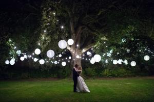 nighttime shot of a bride and groom at babington house wedding venue